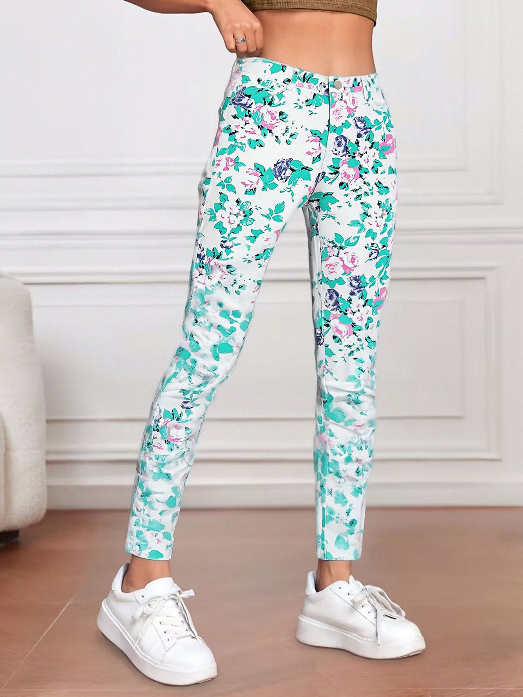 Fashionable And Versatile Blue High Waisted Elastic Flared Pants For Women - Cat Whisker Pattern Design