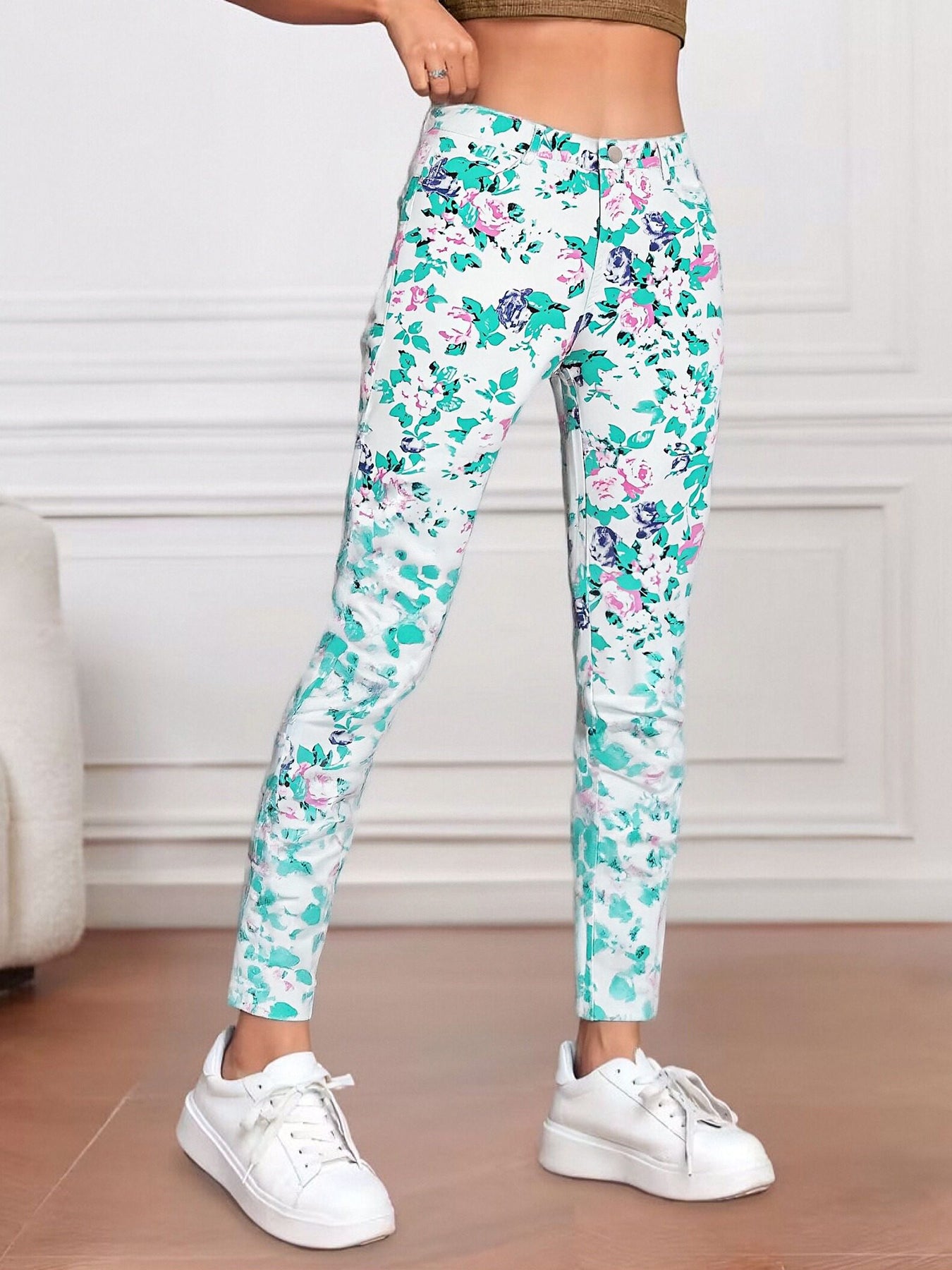 Fashionable And Versatile Blue High Waisted Elastic Flared Pants For Women - Cat Whisker Pattern Design