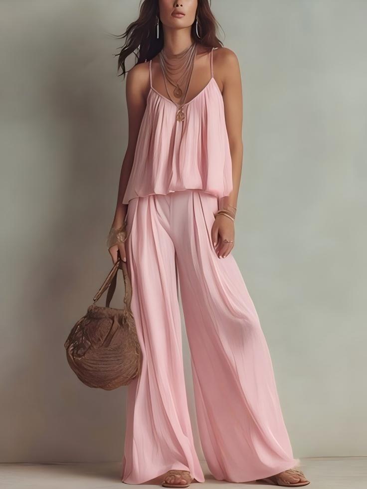 French-style Minimalist Slip Top And Wide-leg Pants Two-piece Set For Women