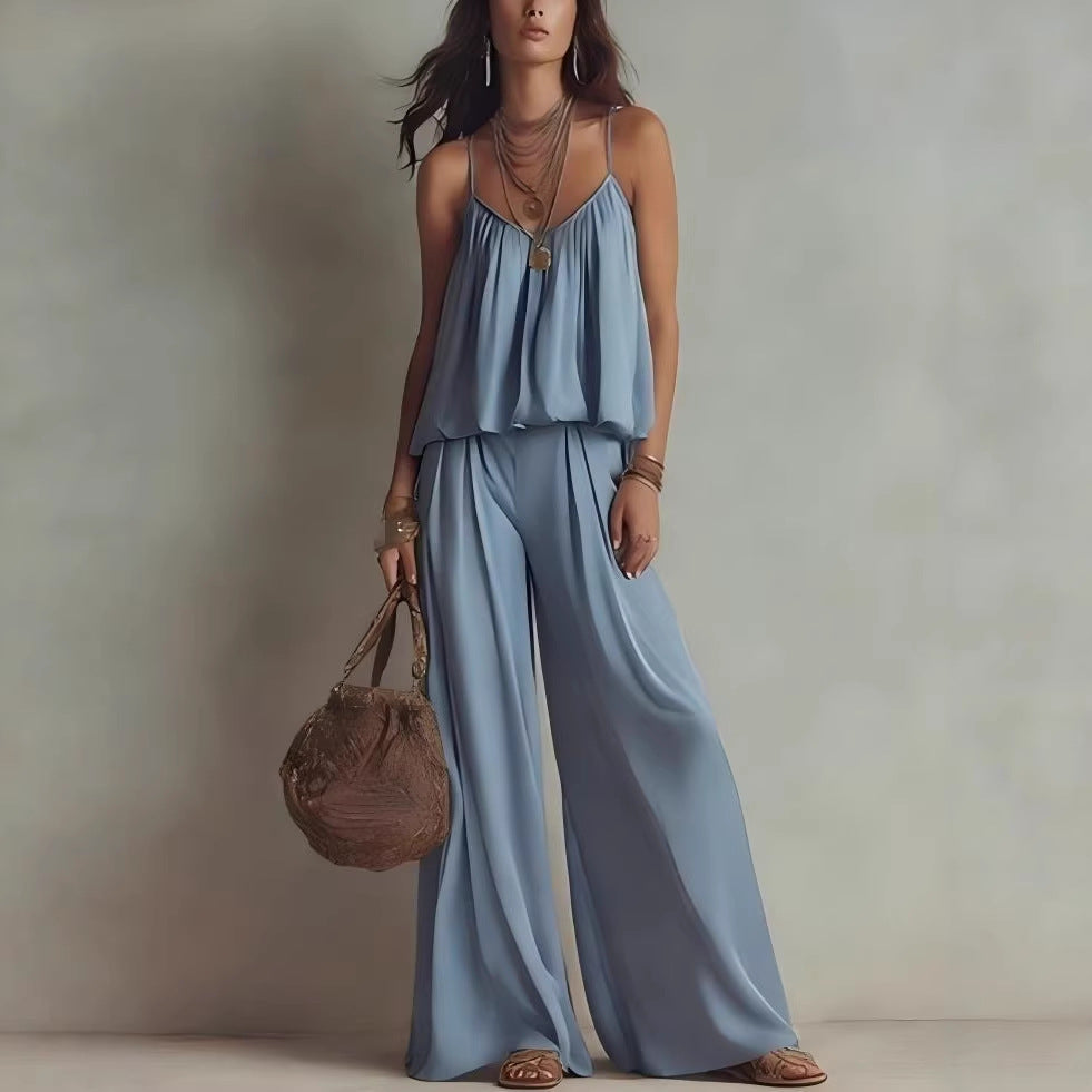 French-style Minimalist Slip Top And Wide-leg Pants Two-piece Set For Women