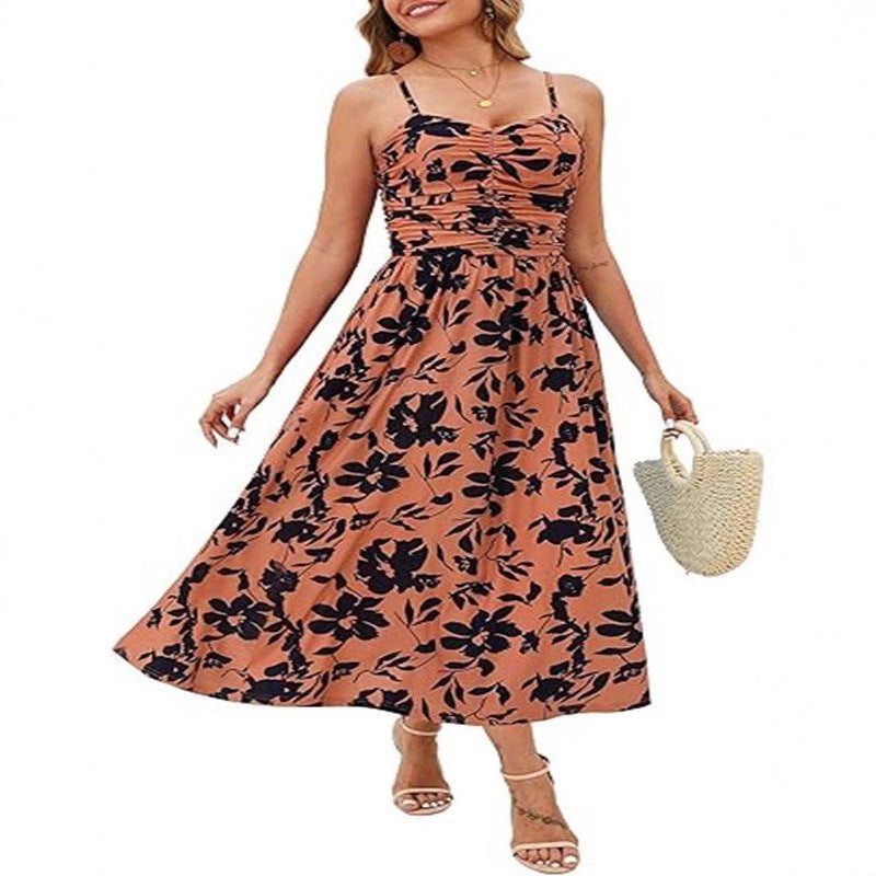 Elegant Pleated Floral Pocket Dress For Women