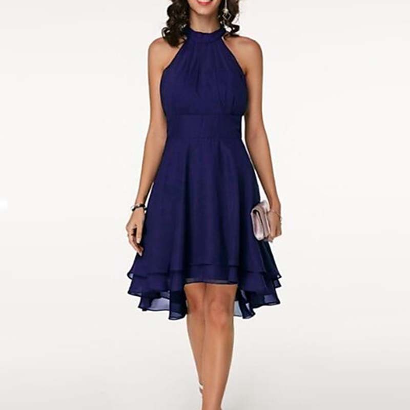Women'S Fashion Sexy Solid Color Tailoring Layered Sleeveless Chiffon Party Evening Dress