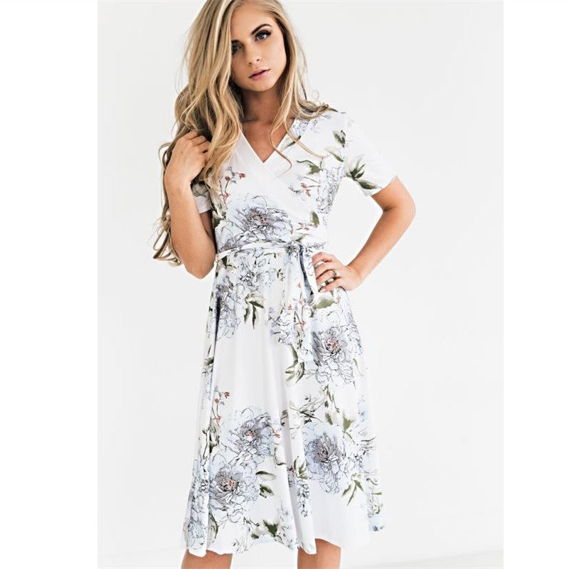 Digital Printed V-Neck Slim Short Sleeve Dress