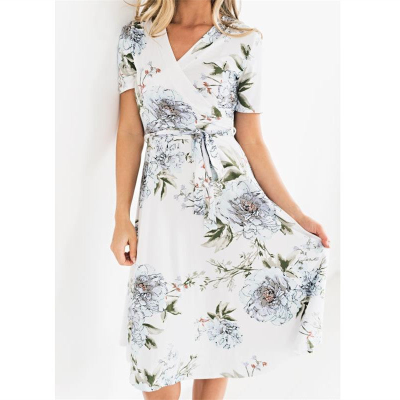 Digital Printed V-Neck Slim Short Sleeve Dress