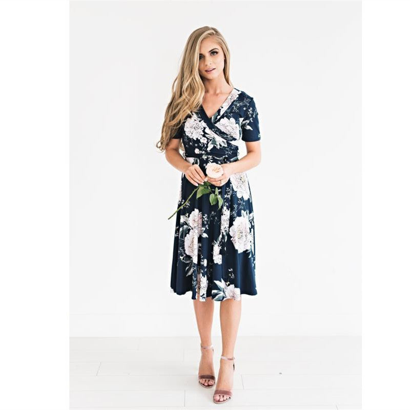 Digital Printed V-Neck Slim Short Sleeve Dress