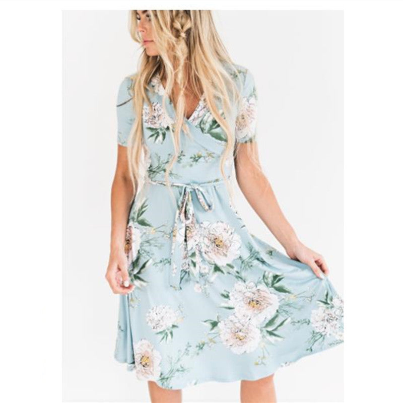 Digital Printed V-Neck Slim Short Sleeve Dress