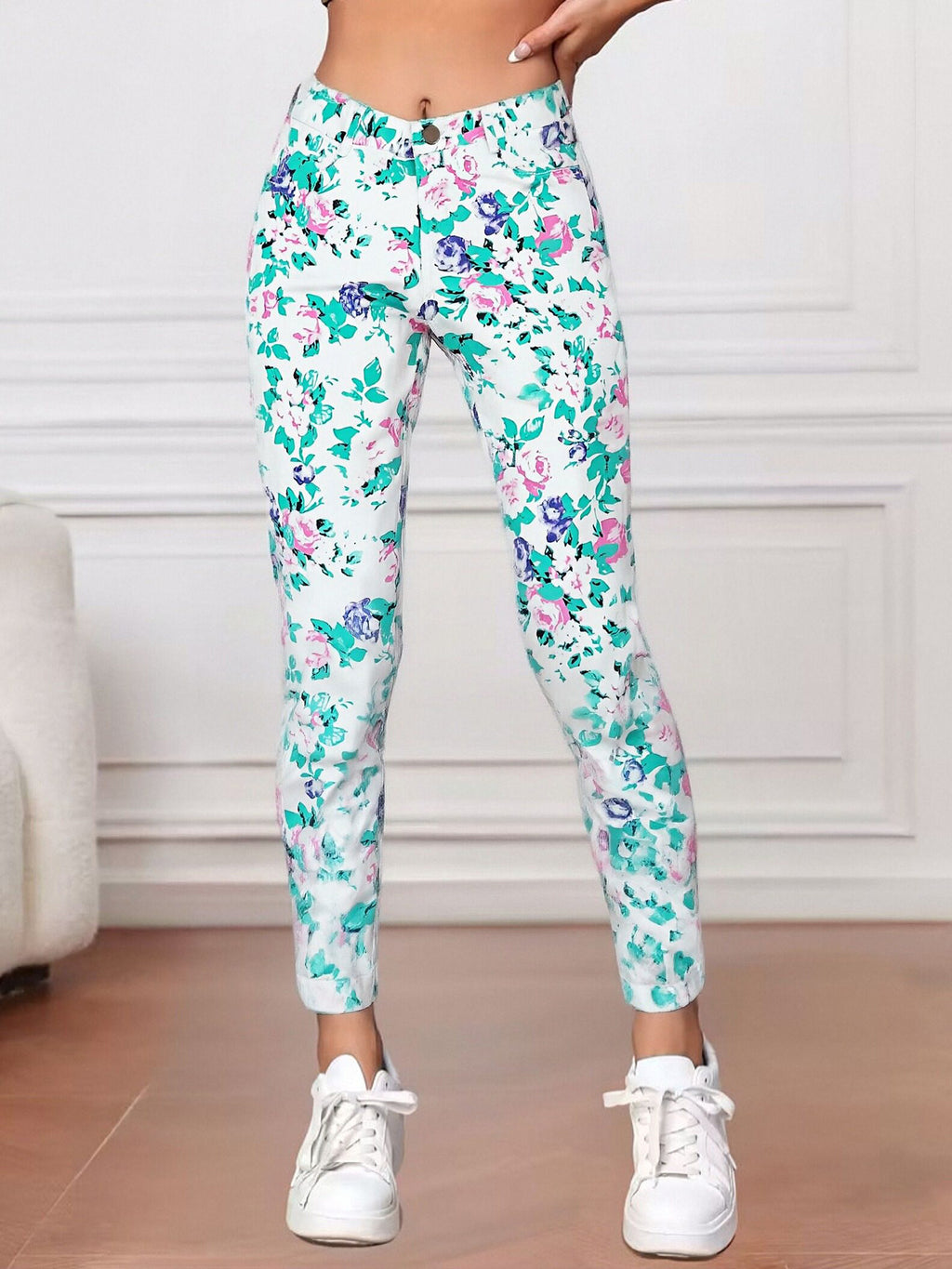 Fashionable And Versatile Blue High Waisted Elastic Flared Pants For Women - Cat Whisker Pattern Design