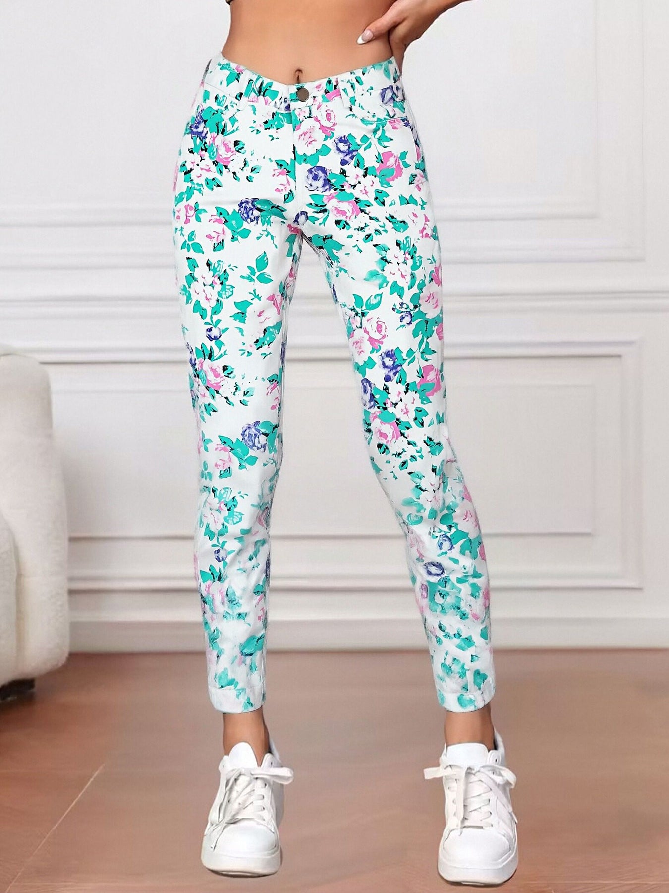 Fashionable And Versatile Blue High Waisted Elastic Flared Pants For Women - Cat Whisker Pattern Design