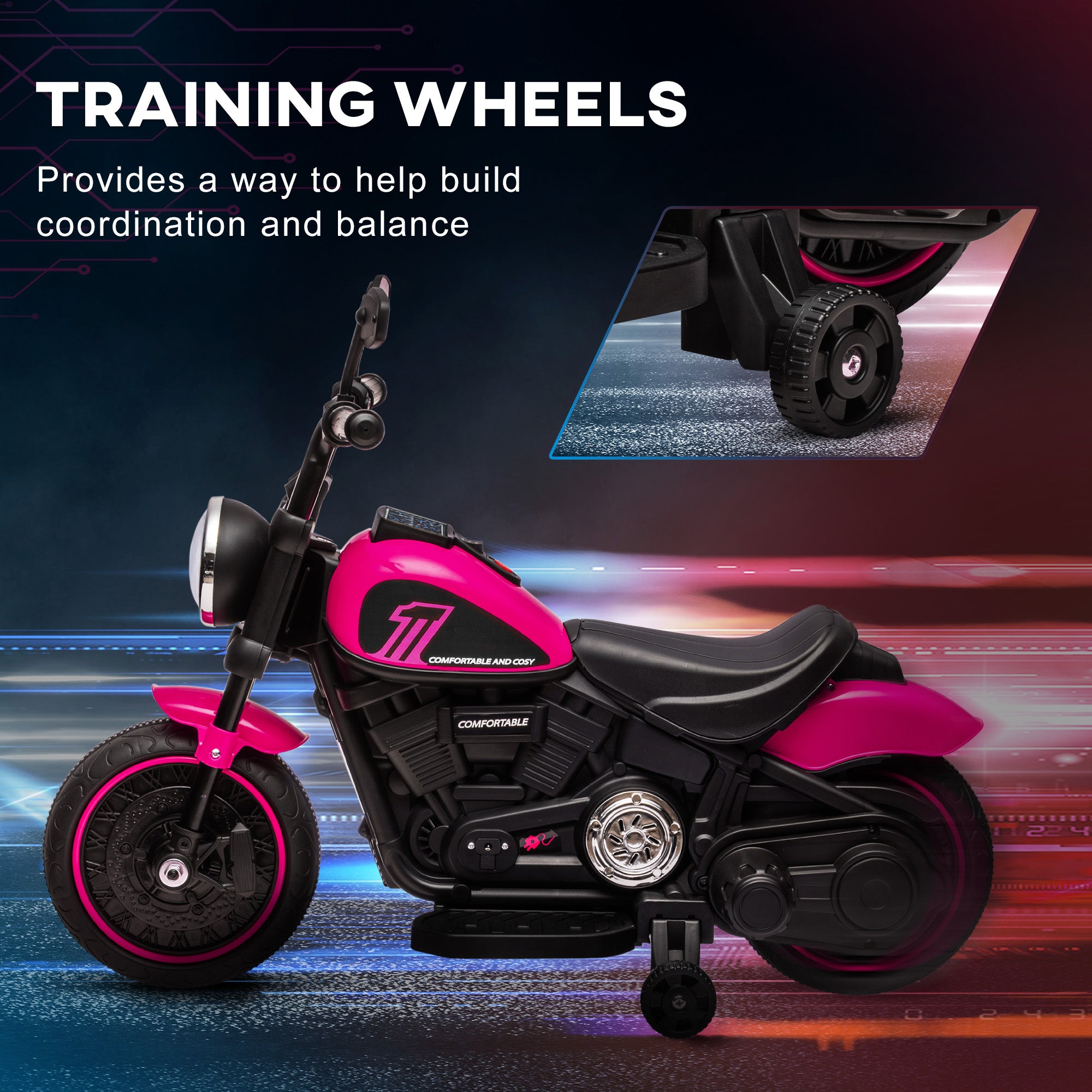 Kids Motorcycle w/ Training Wheels, Single-Button Start, Pink 6V