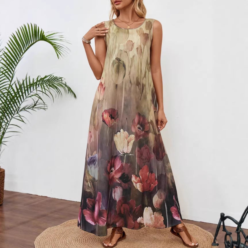 Summer New Sleeveless Printed Tie-Dye Tank Dress Womens Clothing