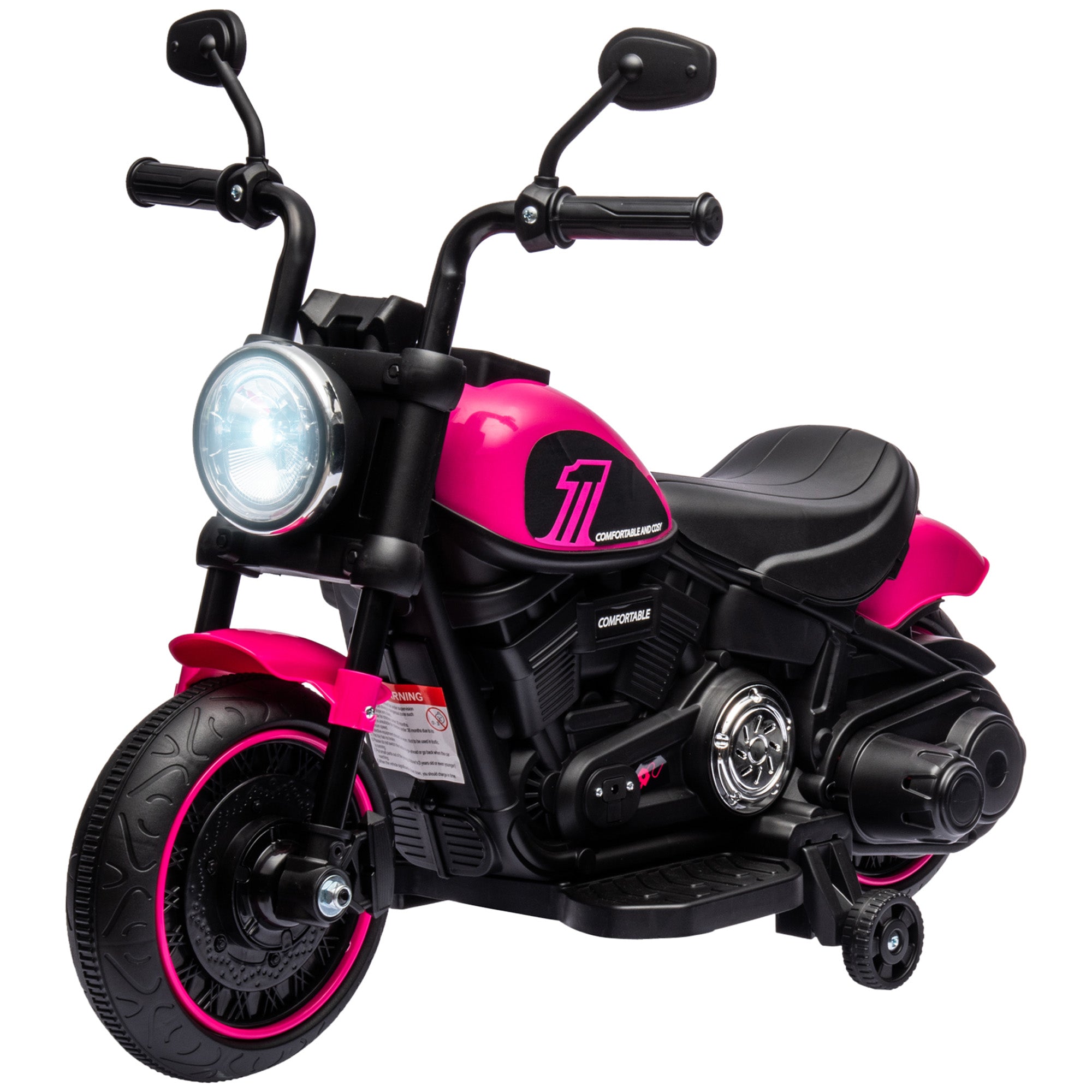 Kids Motorcycle w/ Training Wheels, Single-Button Start, Pink 6V