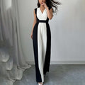 Womens Elegant Long-Sleeve V-Neck Printed Jumpsuit