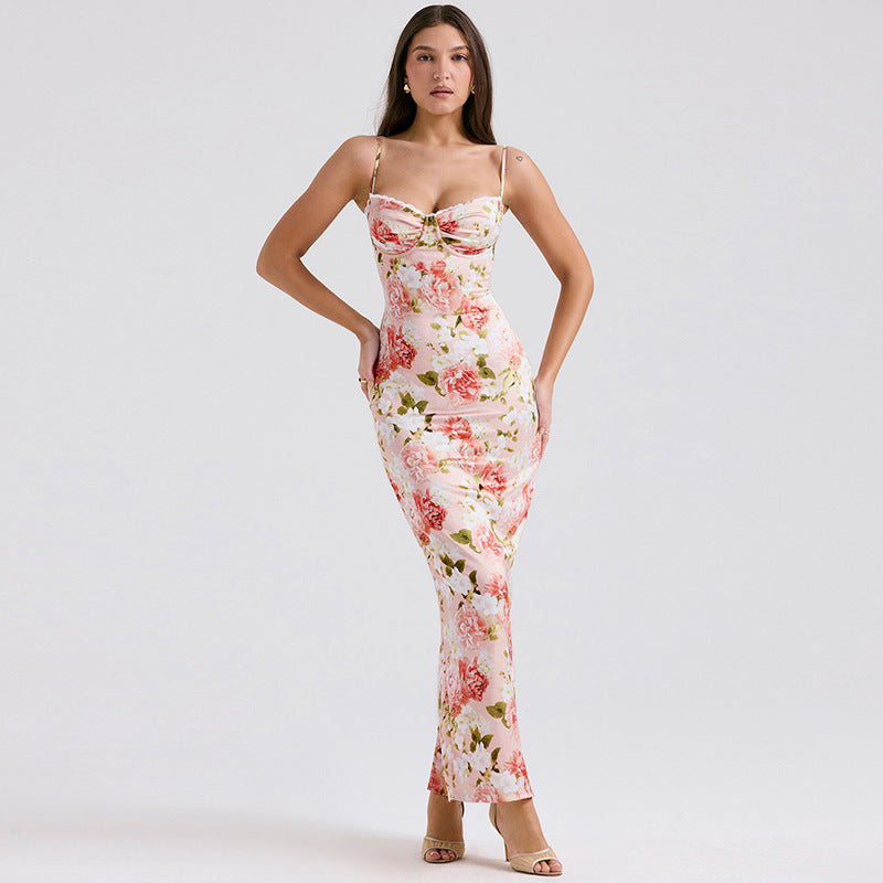 Elegant Floral Slim-fit Slip Dress For Women