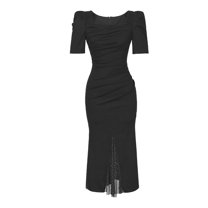 French Style Square Collar Puff Sleeve Elegant Slim Fishtail Dress