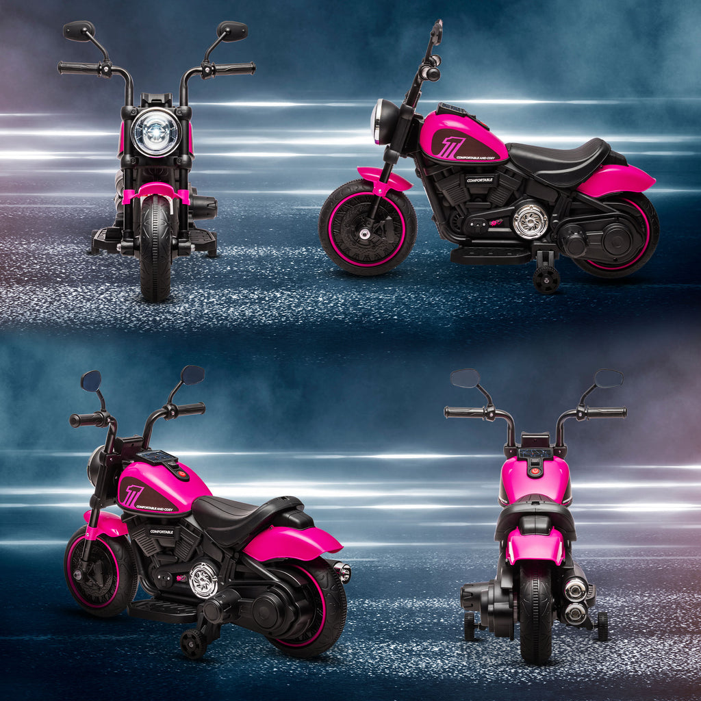 Kids Motorcycle w/ Training Wheels, Single-Button Start, Pink 6V