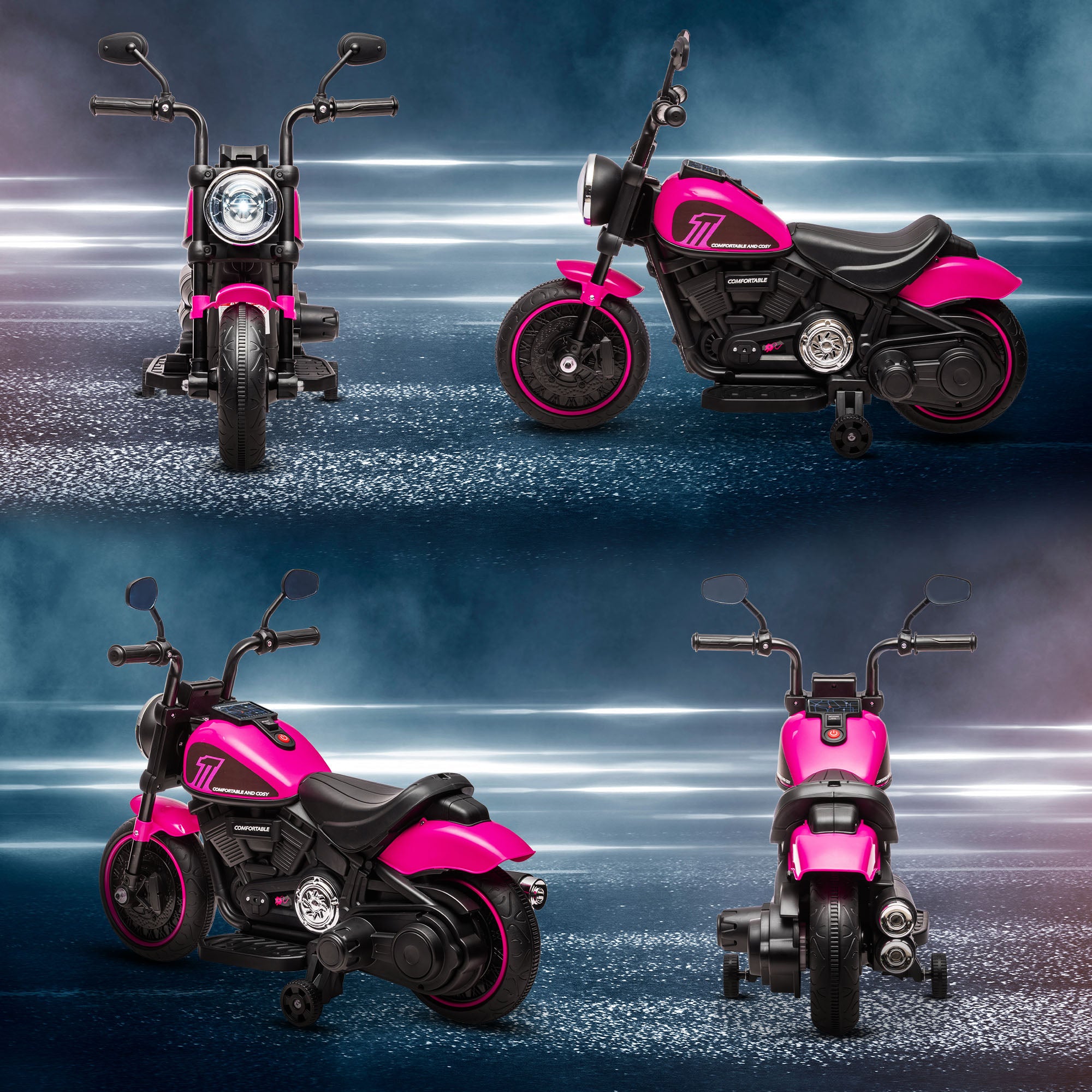 Kids Motorcycle w/ Training Wheels, Single-Button Start, Pink 6V
