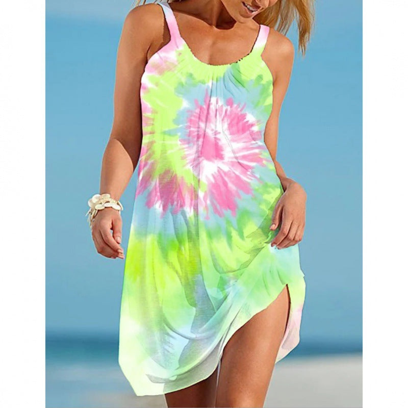 Ladies Print Fashion Tie Dye Print Slip Dress