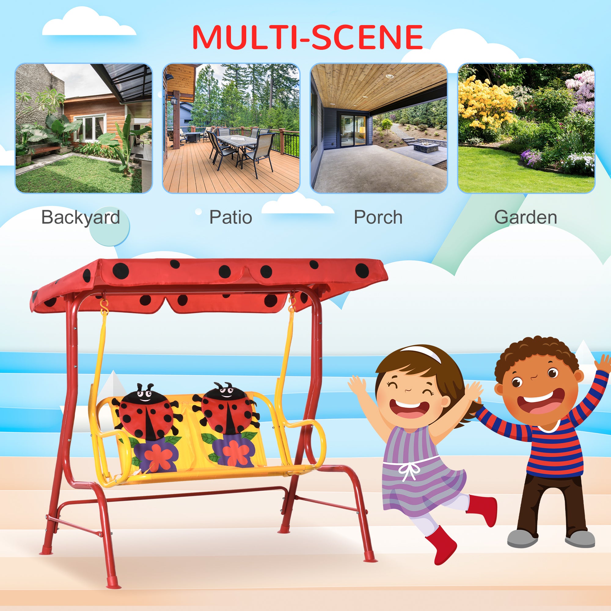 Porch Swing for Kids with Adjustable Canopy to Block Sun at Angles, Kids Swing Chair with Seatbelts, Ladybug Pattern, Gift for Kids Ages 3-6, Red
