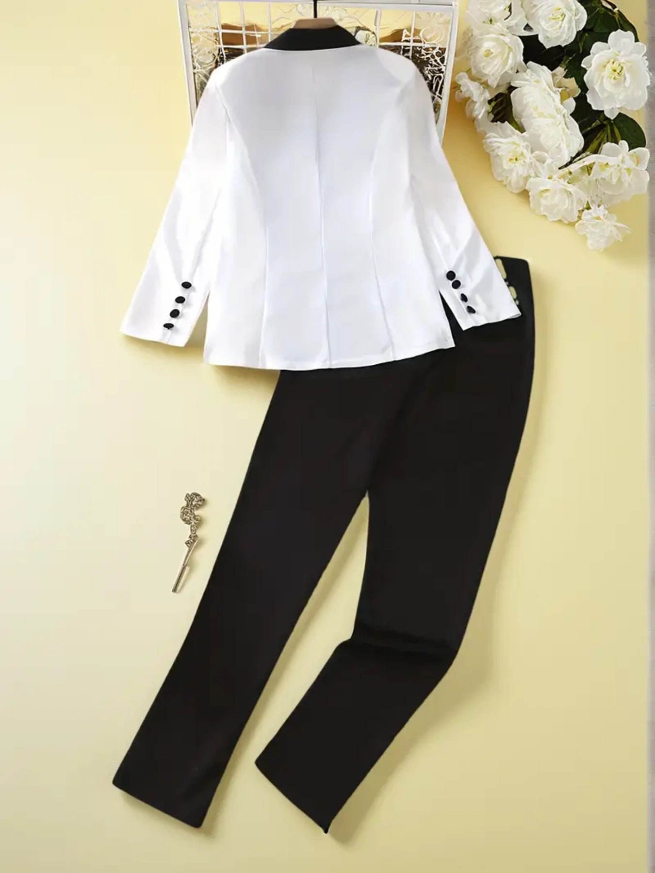 Black And White Two-piece Pants Set, Casual Double Row Button Front Suit Jacket And Straight Leg Pants, Fashionable Women’s Clothing