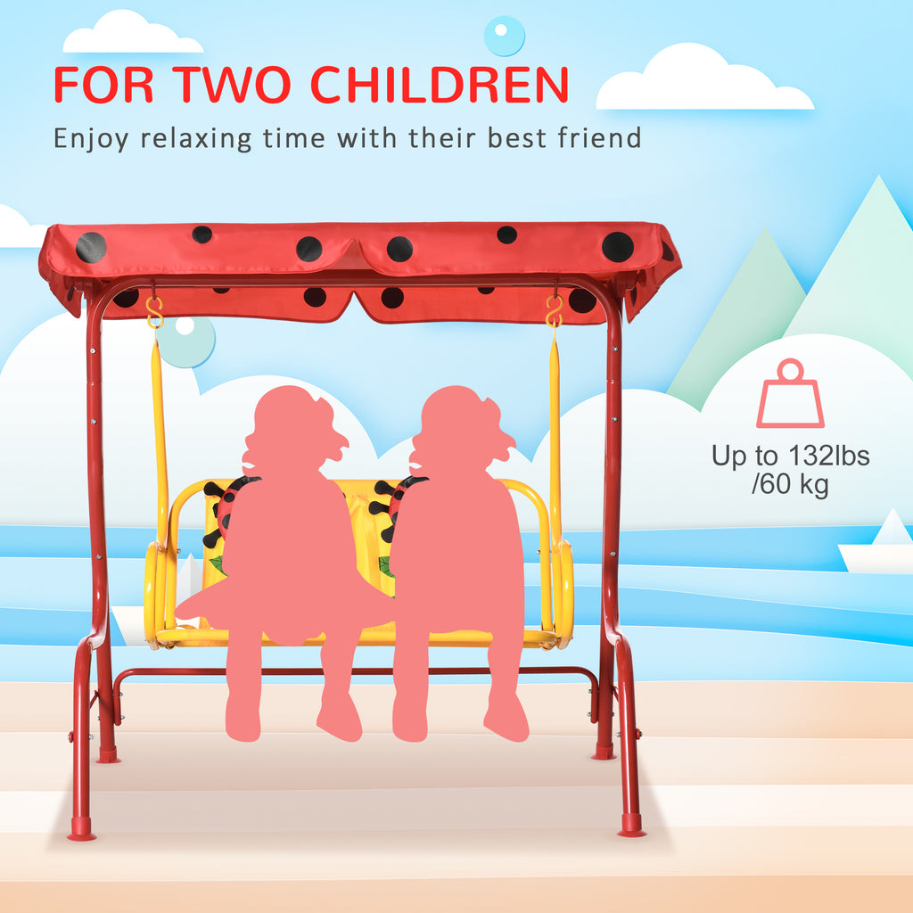 Porch Swing for Kids with Adjustable Canopy to Block Sun at Angles, Kids Swing Chair with Seatbelts, Ladybug Pattern, Gift for Kids Ages 3-6, Red