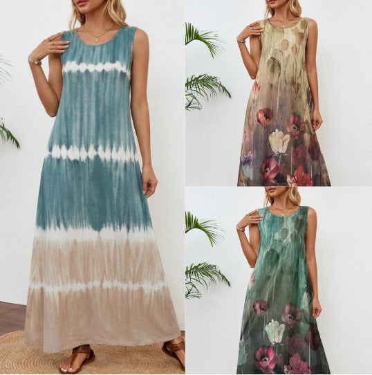 Summer New Sleeveless Printed Tie-Dye Tank Dress Womens Clothing