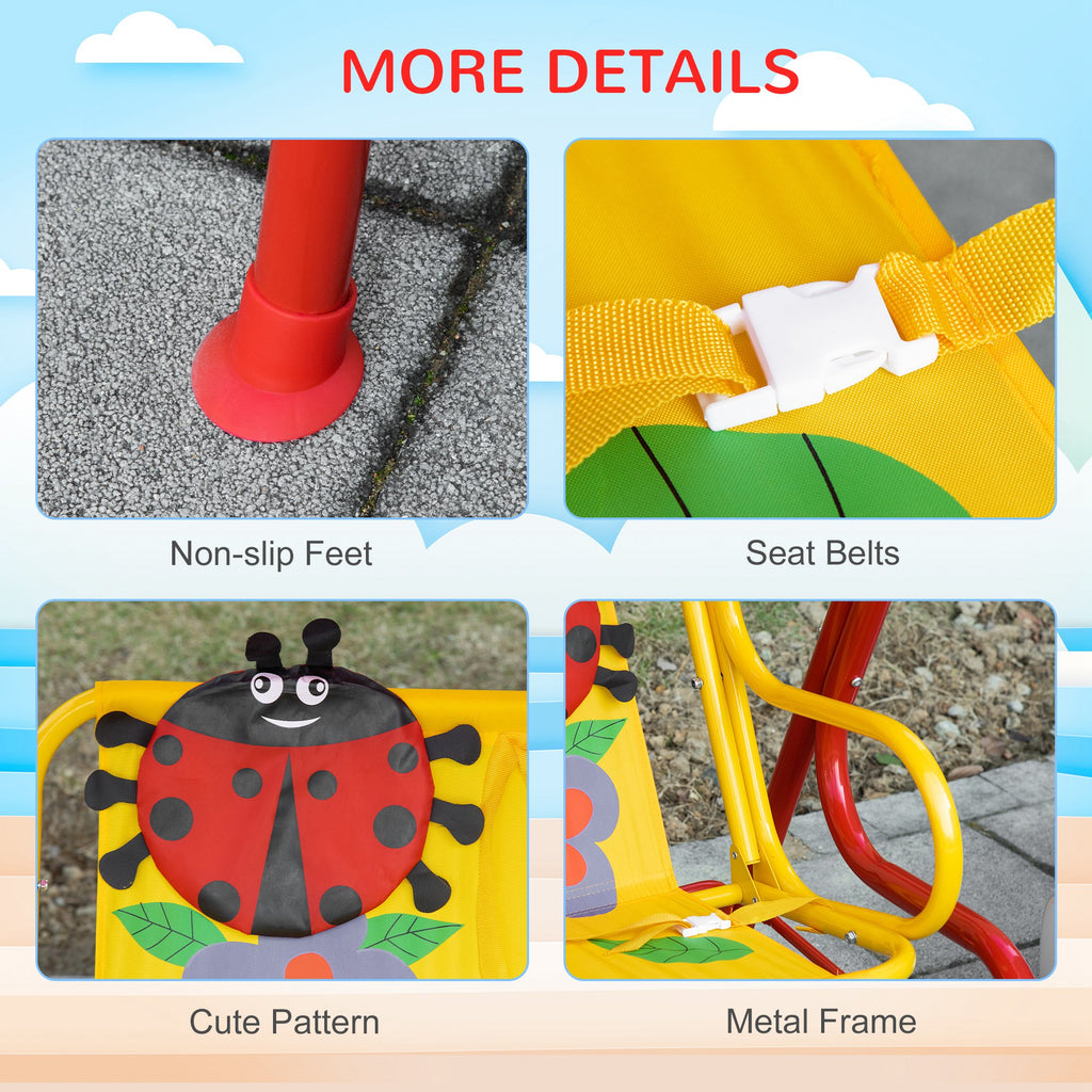 Porch Swing for Kids with Adjustable Canopy to Block Sun at Angles, Kids Swing Chair with Seatbelts, Ladybug Pattern, Gift for Kids Ages 3-6, Red