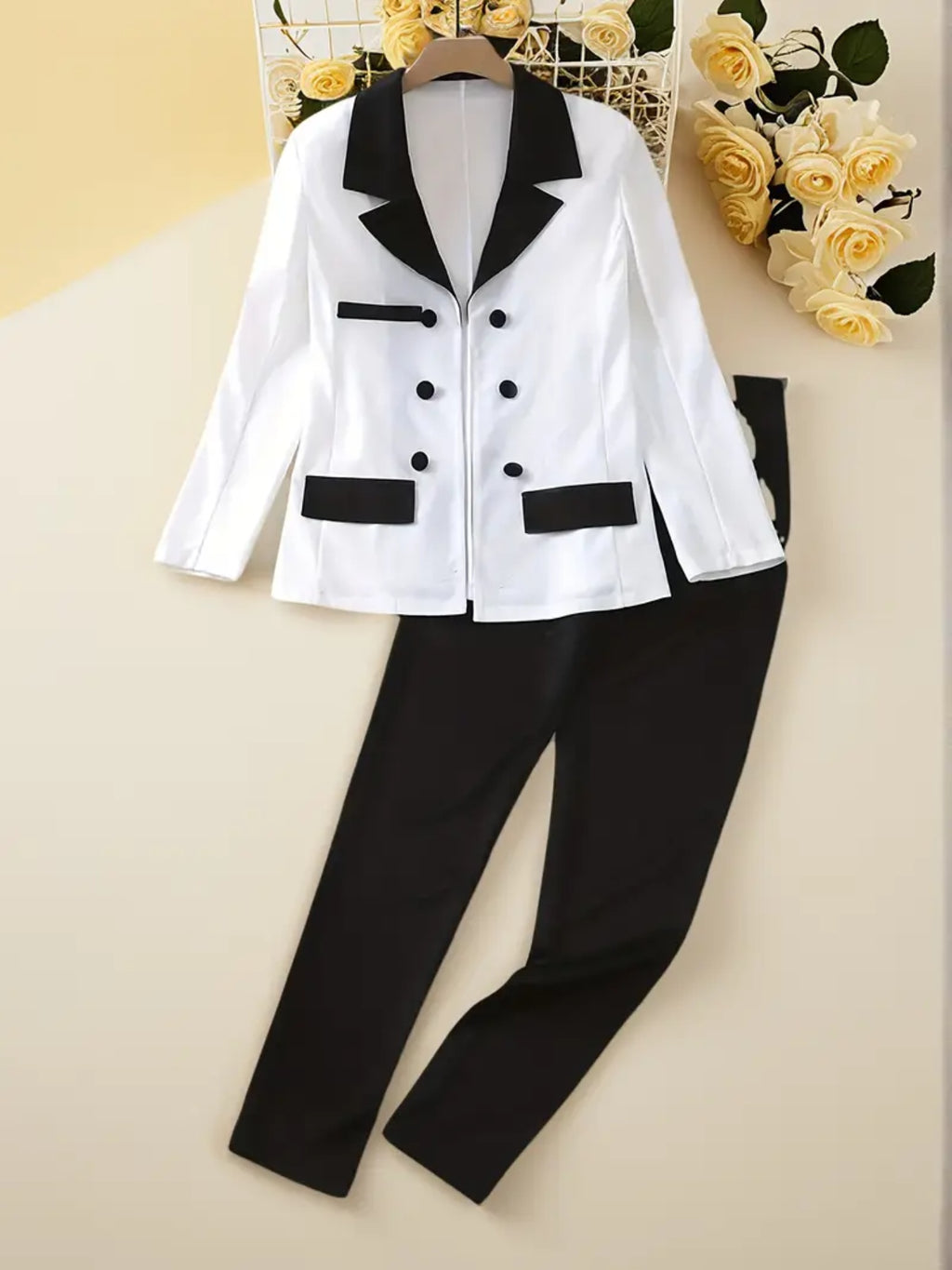 Black And White Two-piece Pants Set, Casual Double Row Button Front Suit Jacket And Straight Leg Pants, Fashionable Women’s Clothing