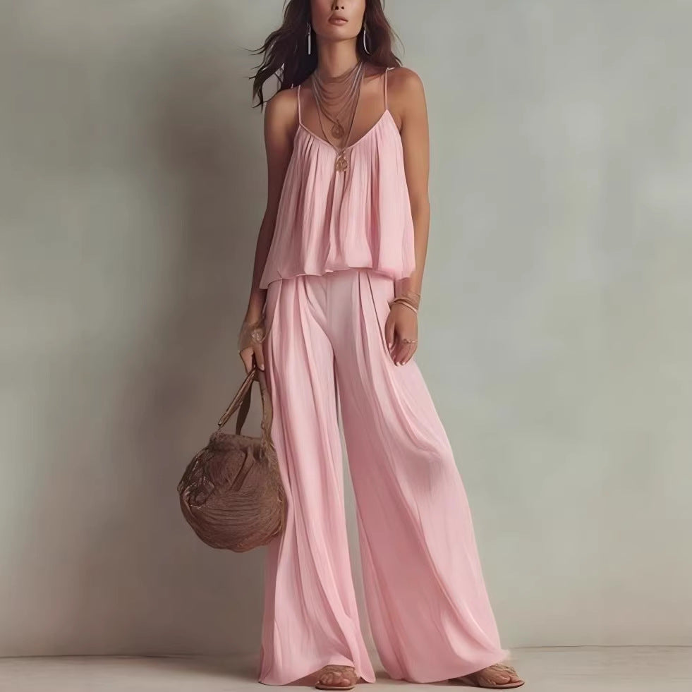 French-style Minimalist Slip Top And Wide-leg Pants Two-piece Set For Women