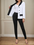 Black And White Two-piece Pants Set, Casual Double Row Button Front Suit Jacket And Straight Leg Pants, Fashionable Women’s Clothing