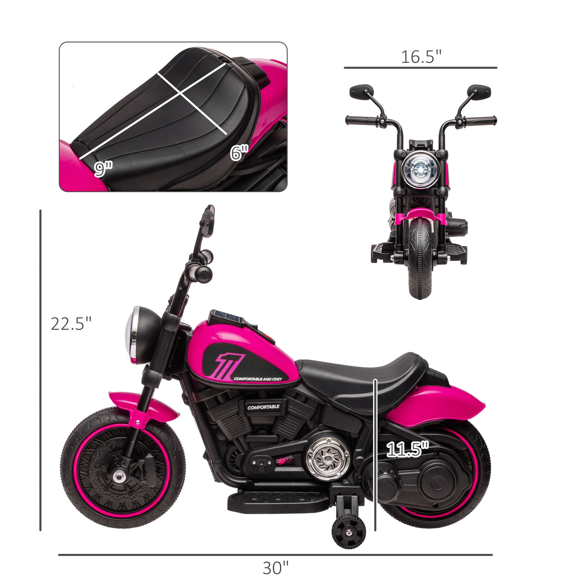 Kids Motorcycle w/ Training Wheels, Single-Button Start, Pink 6V