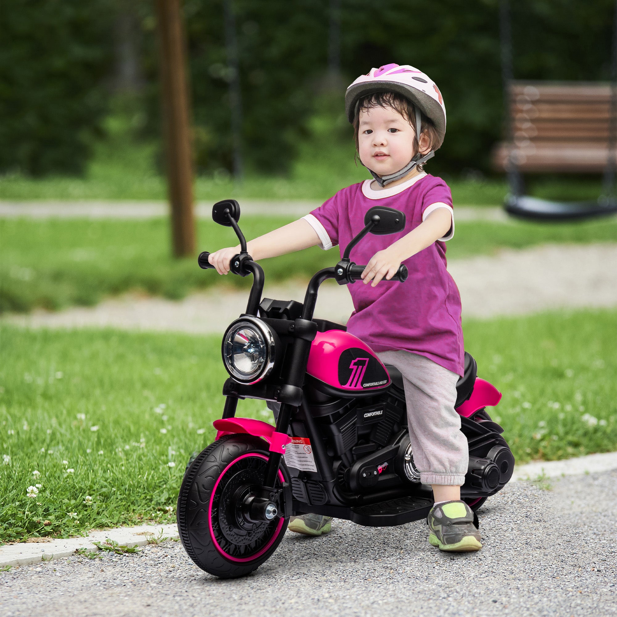 Kids Motorcycle w/ Training Wheels, Single-Button Start, Pink 6V