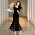 French Style Square Collar Puff Sleeve Elegant Slim Fishtail Dress