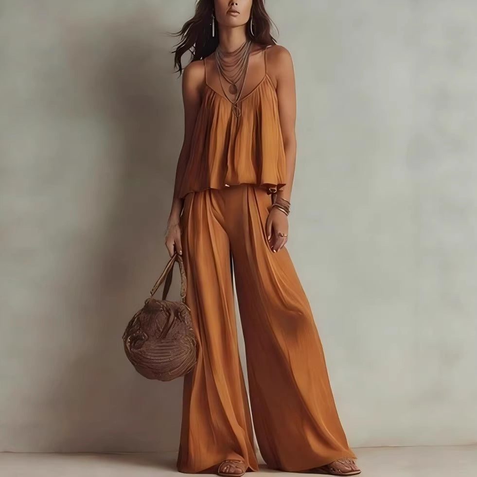 French-style Minimalist Slip Top And Wide-leg Pants Two-piece Set For Women