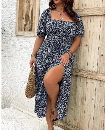 Square Collar Floral Dress Women