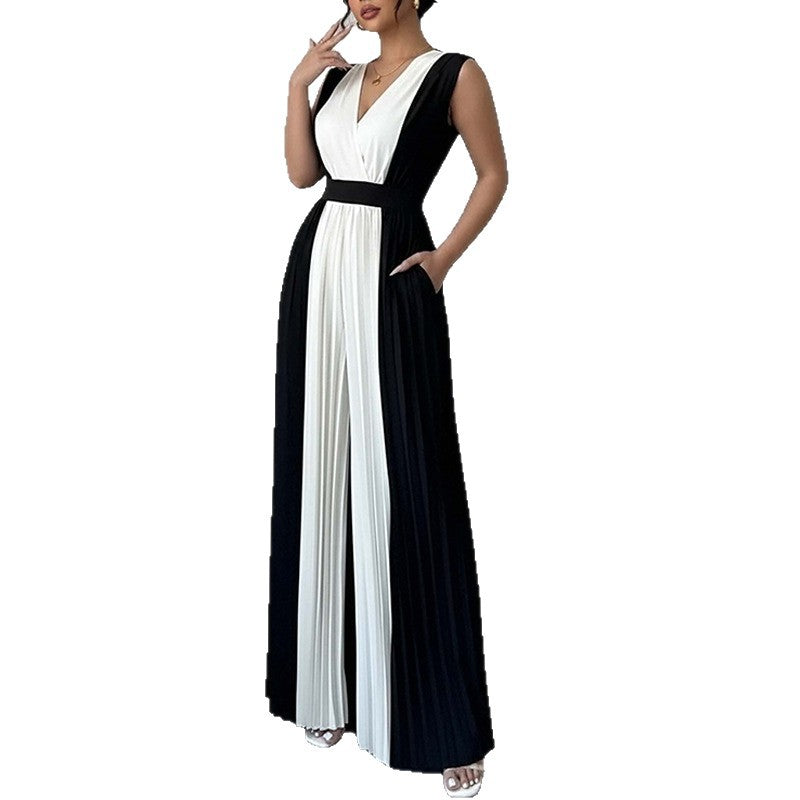 Womens Elegant Long-Sleeve V-Neck Printed Jumpsuit