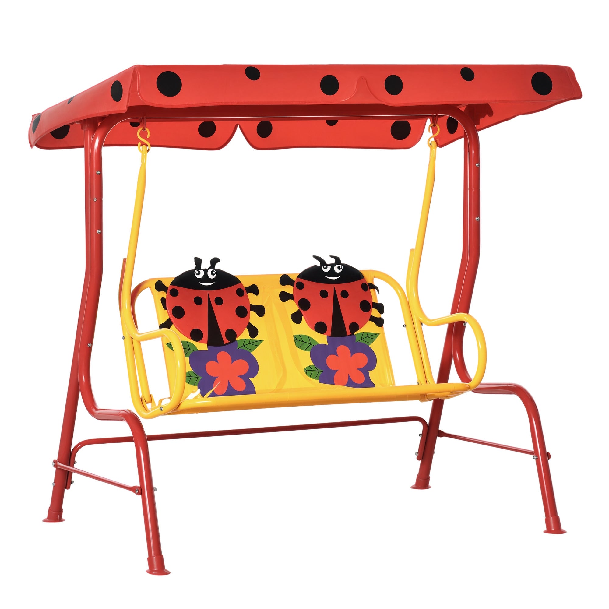 Porch Swing for Kids with Adjustable Canopy to Block Sun at Angles, Kids Swing Chair with Seatbelts, Ladybug Pattern, Gift for Kids Ages 3-6, Red