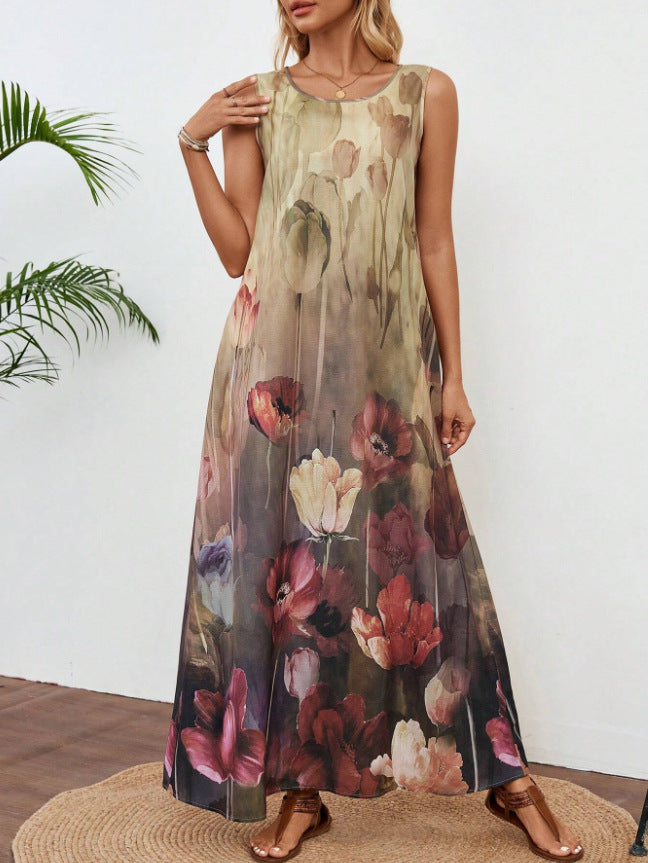 Summer New Sleeveless Printed Tie-Dye Tank Dress Womens Clothing