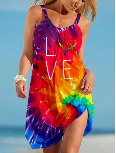 Ladies Print Fashion Tie Dye Print Slip Dress