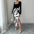 Fashionable Printed Slim-Fit Long-Sleeve Slit Dress