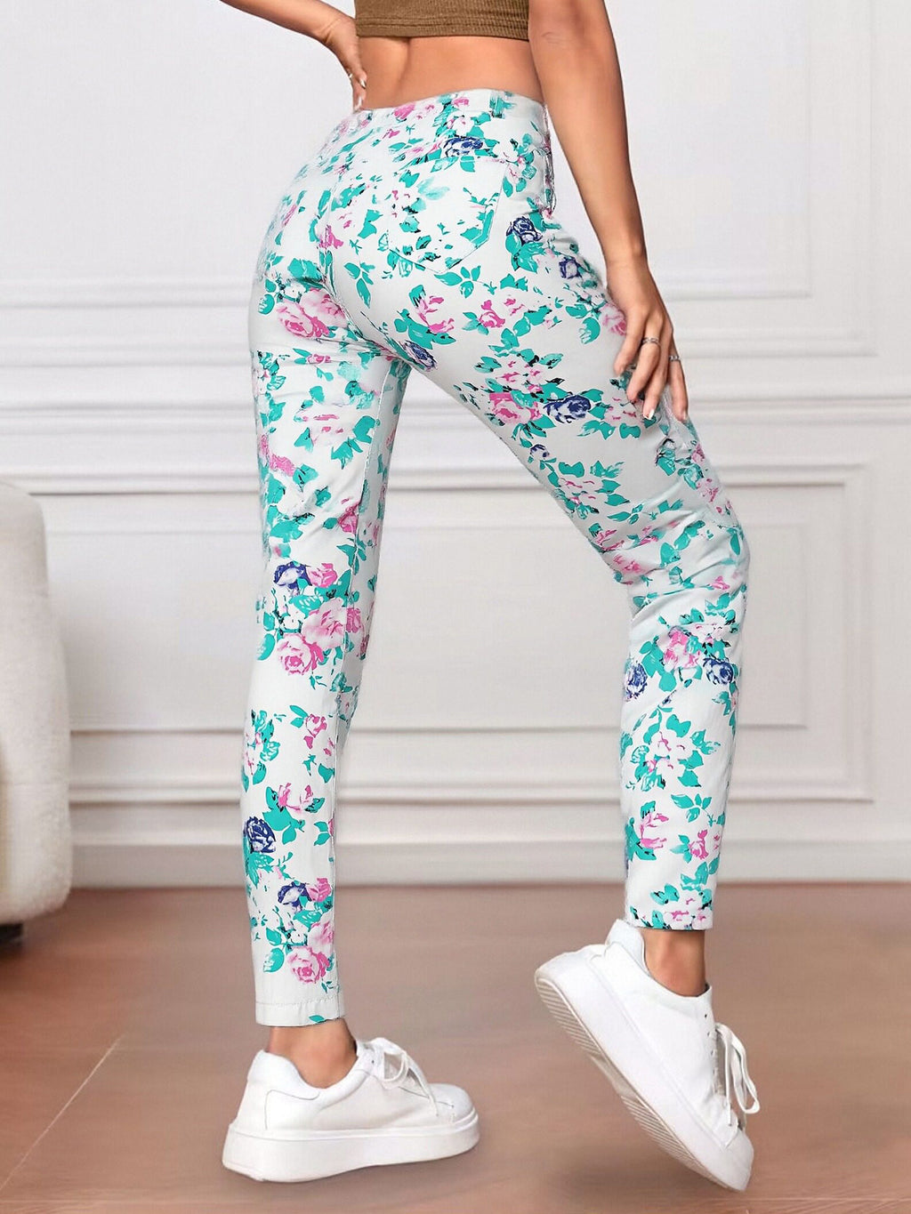 Fashionable And Versatile Blue High Waisted Elastic Flared Pants For Women - Cat Whisker Pattern Design