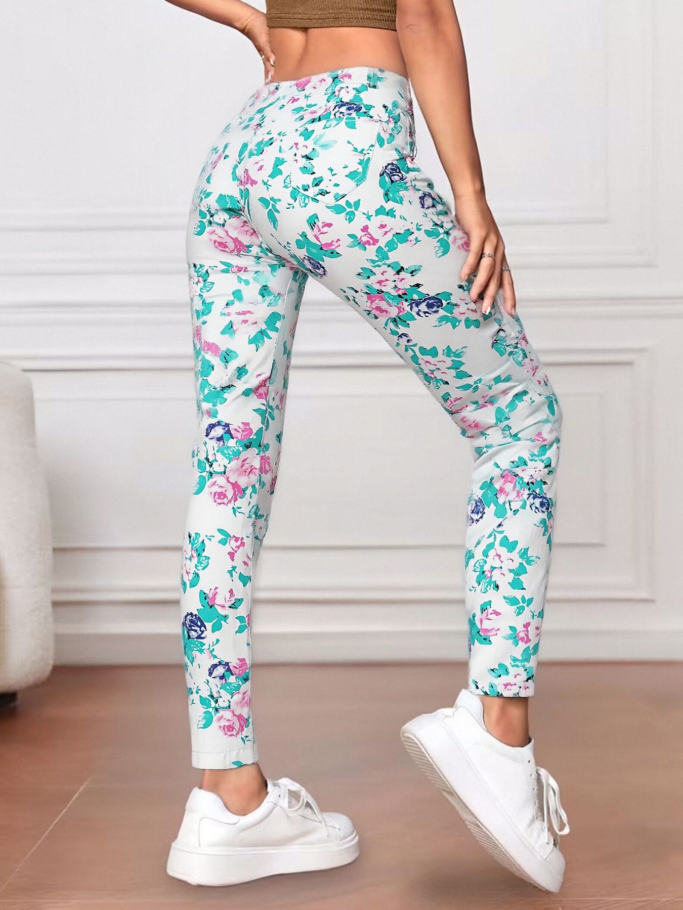 Fashionable And Versatile Blue High Waisted Elastic Flared Pants For Women - Cat Whisker Pattern Design