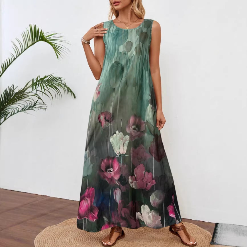 Summer New Sleeveless Printed Tie-Dye Tank Dress Womens Clothing