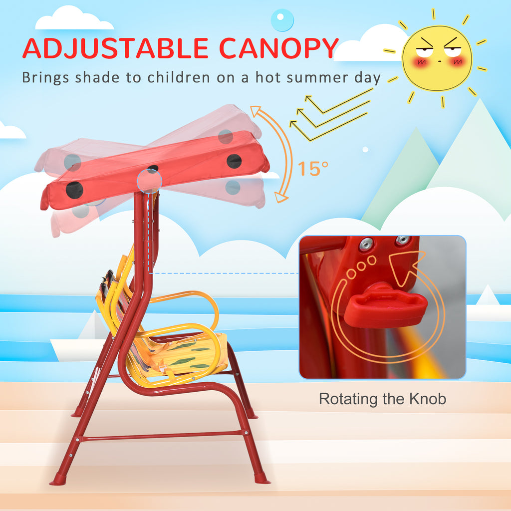 Porch Swing for Kids with Adjustable Canopy to Block Sun at Angles, Kids Swing Chair with Seatbelts, Ladybug Pattern, Gift for Kids Ages 3-6, Red