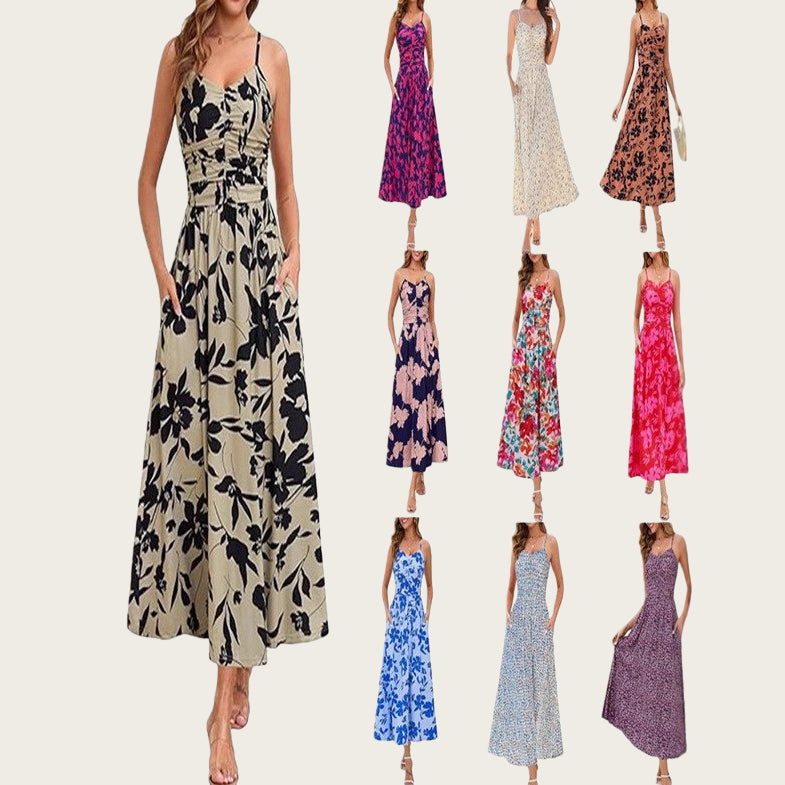 Elegant Pleated Floral Pocket Dress For Women