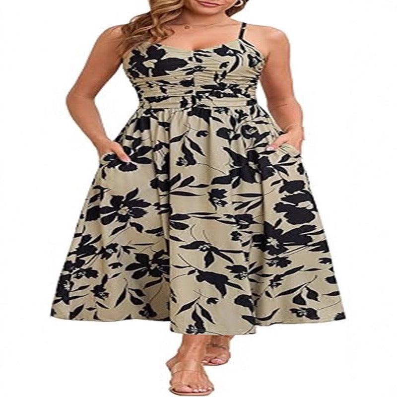 Elegant Pleated Floral Pocket Dress For Women