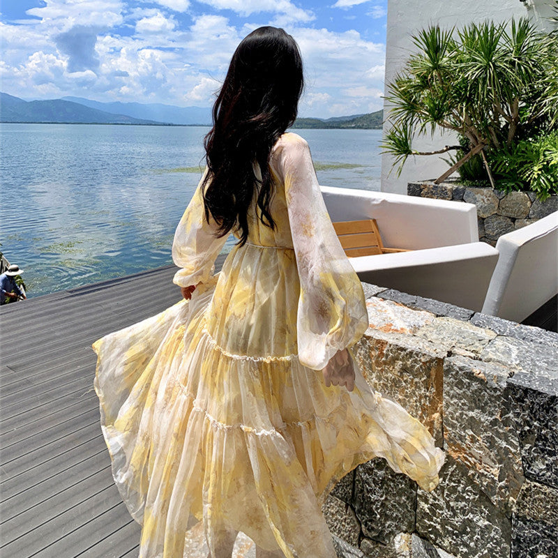 French Chiffon Floral Dress Women