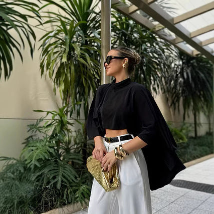 Womens Solid-Color Elegant And Stylish Short Cloak-Style Top