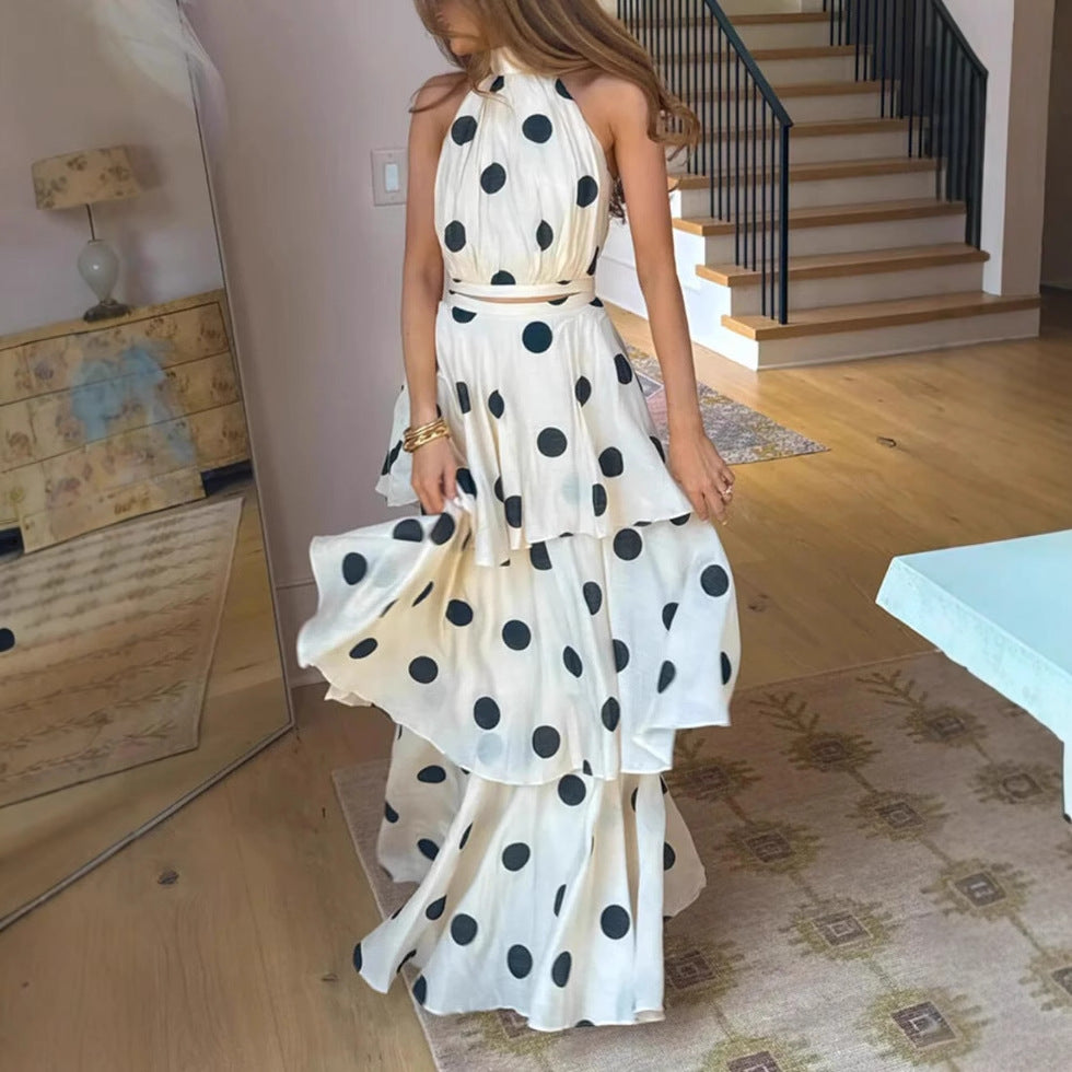 Polka-dot Printed Halterneck Sleeveless Top And Skirt Set