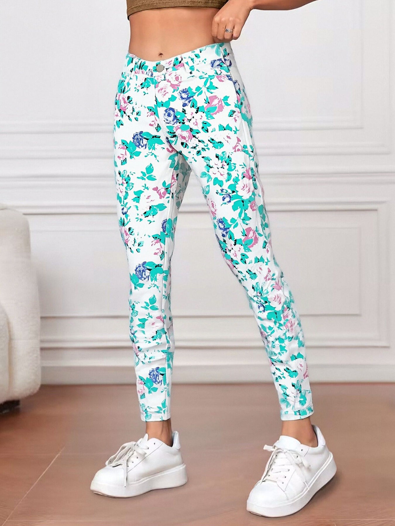 Fashionable And Versatile Blue High Waisted Elastic Flared Pants For Women - Cat Whisker Pattern Design