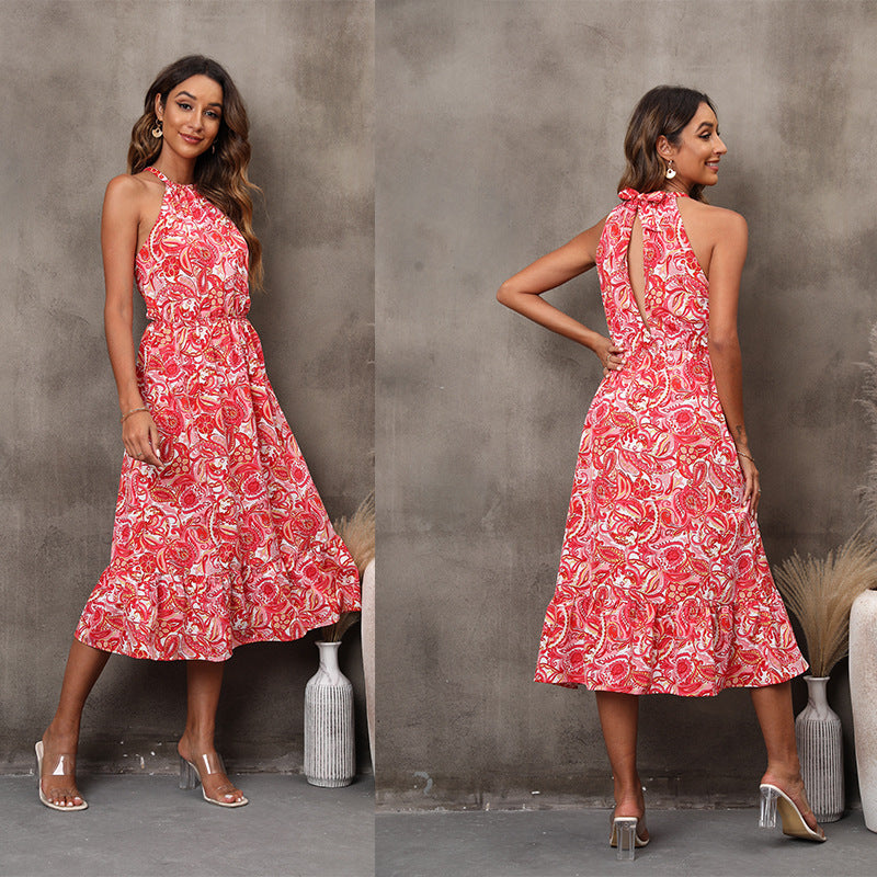 Sleeveless Halter Floral Dress Women